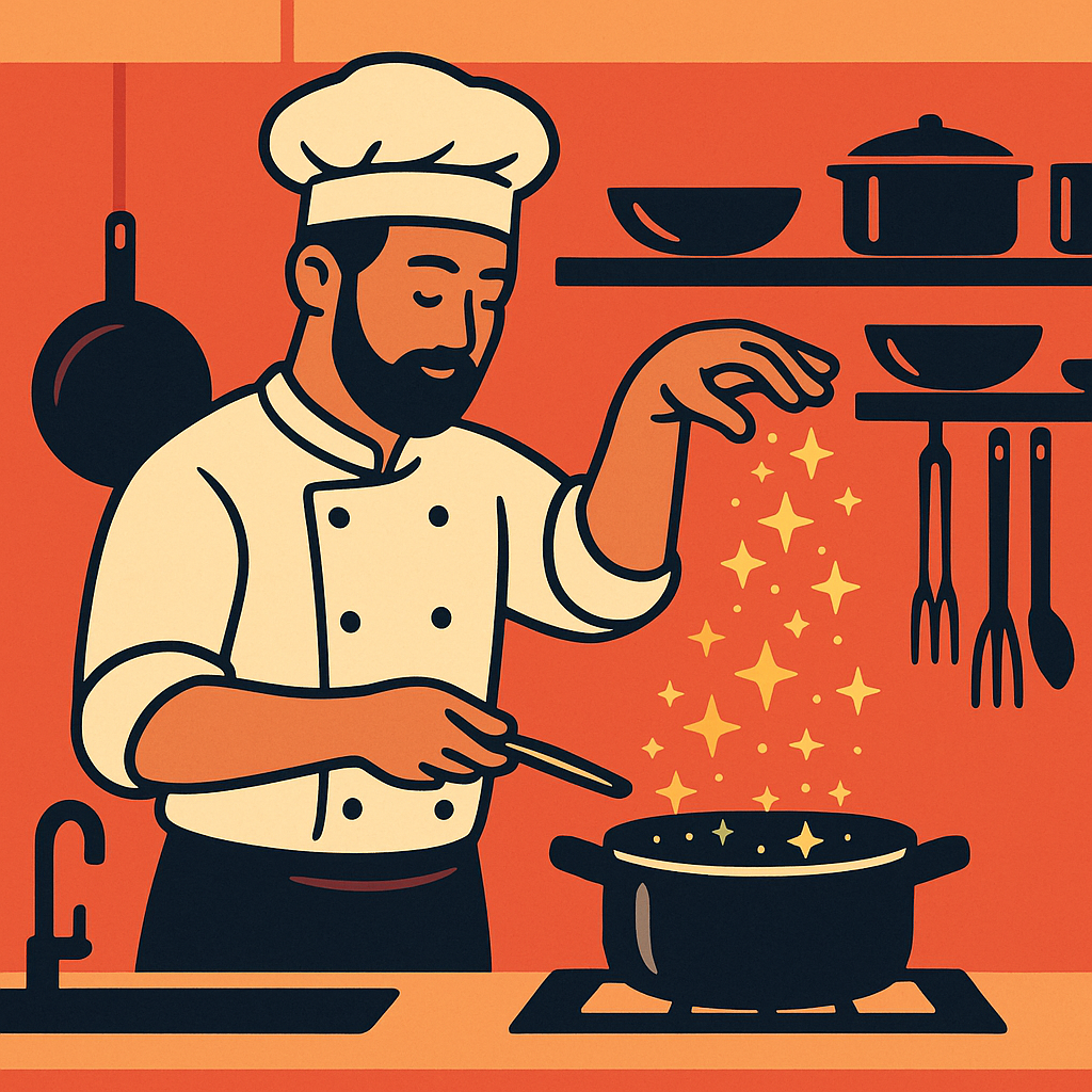 Chef esparciendo polvo mágico sobre una olla en cocina cálida
